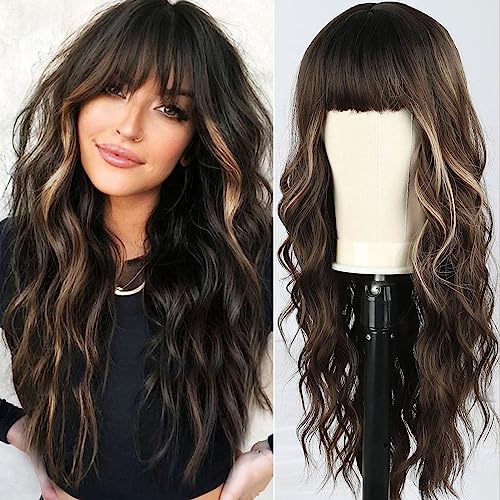 KOME Dark Brown Wigs with Bangs,Brown Highlight Long Wavy Wig for Women,Long Curly Synthetic Hair Wig for Party Daily Use 24IN