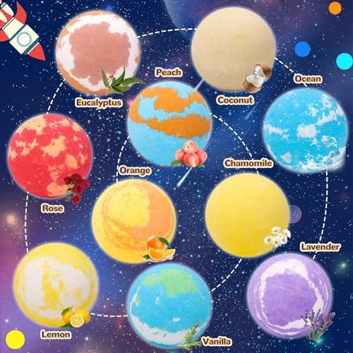 10 Pack Galaxy Bath Bombs for Kids with Surprise Toys Inside Organic Bubble Bath Bombs with Solar System Gemstones Easter Christmas Birthday Gift for Kids Boys Girls