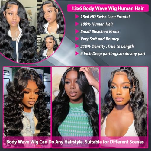 30 Inch Body Wave Lace Front Wigs Human Hair 220 Density Frontal Wigs Human Hair 13x6 Hd Lace Front Wigs Human Hair Pre Plucked Brazilian Virgin Hair Glueless Wig Body Wave Wig for Women Natural Black