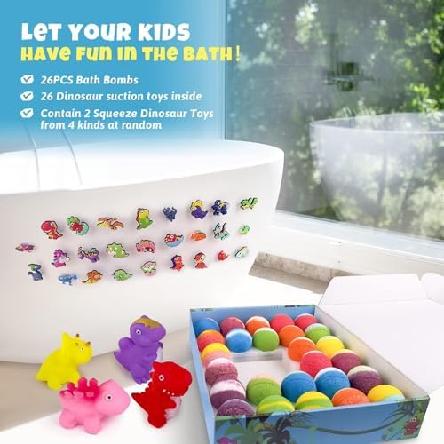 26+2 PCS Bath Bombs for Kids with 26 Dinosaur Suction Toys Inside, Organic Kids Bath Bombs Gift Sets with 2 Squeeze Dinosaur Toys for Boys & Girls on Birthday, Easter, Christmas, Lavender