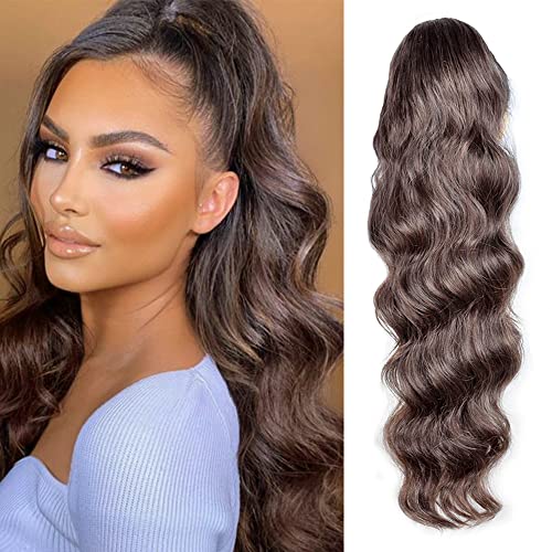 KETHBE 24 Inch Drawstring Ponytail hair Extension Synthetic Heat Resistant Wrap Around Curly Wavy Long Body Wave Ponytail Hairpieces for Women (8-31#)