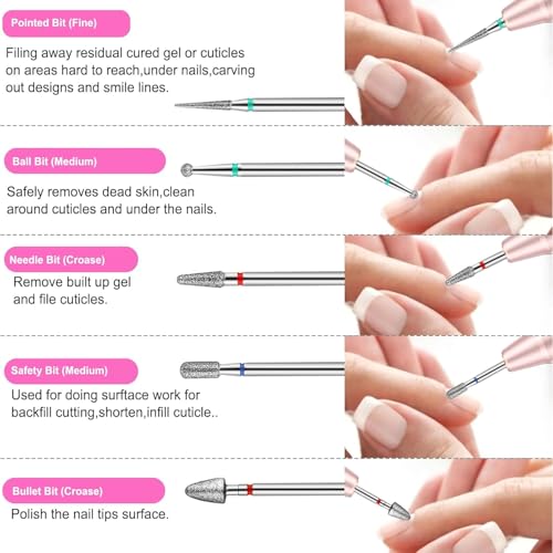30Pcs Nail Drill Bits Set, 3/32 Inch Tungsten Ceramic Diamond Carbide Nail Drill Bits for Acrylic Gel Polish, Cuticle Efile Remover for Manicure Pedicure