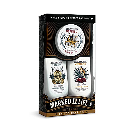 Billy Jealousy Marked IV Complete Tattoo Care Kit, Make Your Mark Defined, Fresh and Vibrant, Includes Aftercare Ink Salve, Brightening Soap and Moisturizing Tattoo Lotion