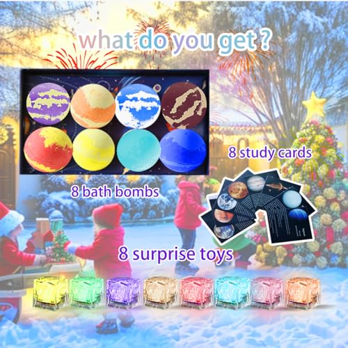 3.88OZ Bath Bombs for Kids Boys Girls Women with Toys Inside Surprise, 8 Light up Bath Bomb of Solar System Set, Organic Essential Oil spa Gift Set for Party, Christmas (8PCS Surprise Toys and Card)
