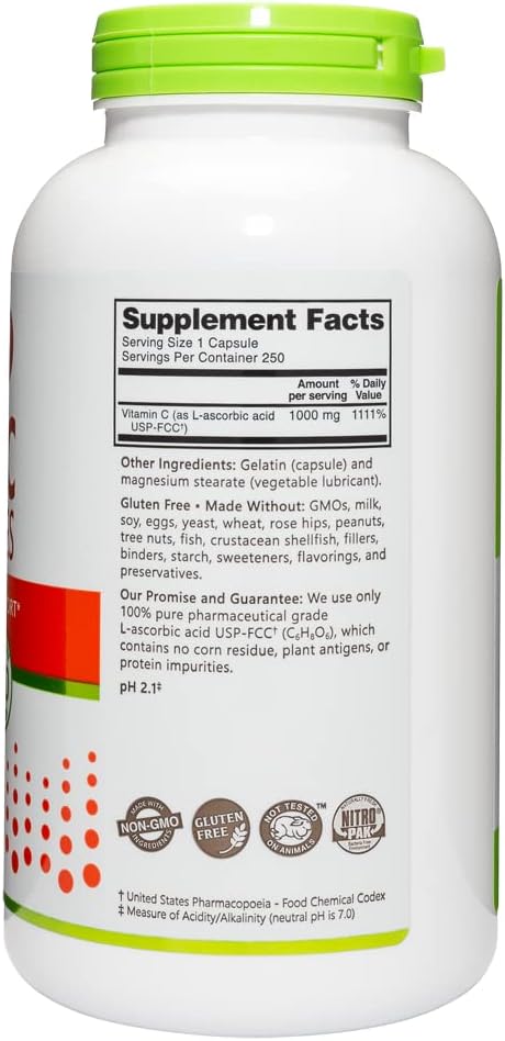 NutriBiotic - Vitamin C 1000 Mg Capsules, 250 Count | Essential Immune, Antioxidant & Collagen Support Supplement | Pharmaceutical Grade L-Ascorbic Acid, 1000 Mg Per Serving | Gluten & GMO Free