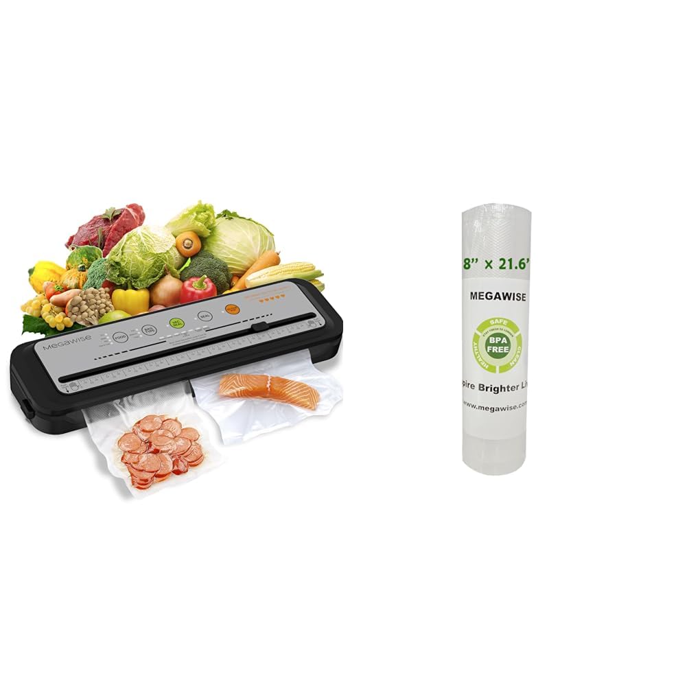 2023 Updated Vacuum Sealer Machine, MEGAWISE Food Sealer w/Starter Kit, Dry & Moist Food Modes, Compact Design with 10 Vacuum Bags & Bulit-in Cutter(Grey) & Vacuum Sealer Bags (8''x 21.6')