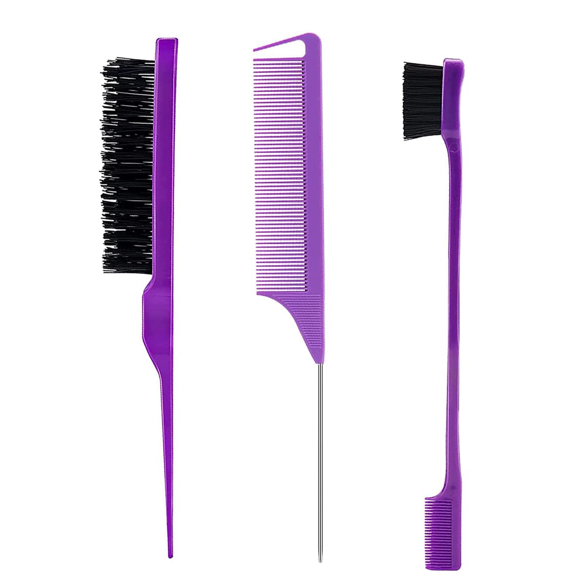 3 Pieces Hair Styling Comb Set Teasing Hair Brush Rat Tail Comb Edge Brush for Edge&Back Brushing, Combing, Slicking Hair for Women (Purple)