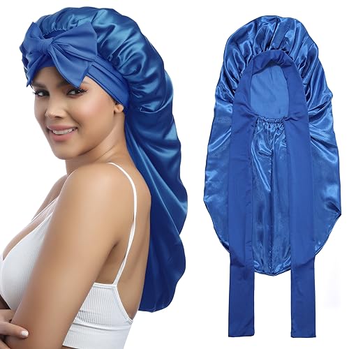 AWAYTR Long Satin Bonnet for Women - Double Layer Elastic Silk Bonnet for Braids Hair Sleeping Cap with Tie Band (Royal Blue)
