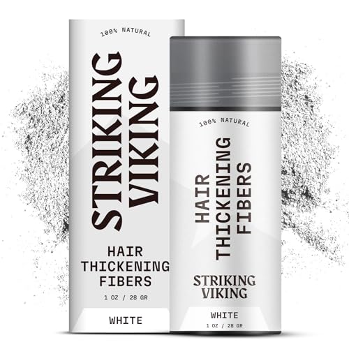Striking Viking Hair Fibers for Thinning – Hair Building Fibers (White) 28g – Naturally Derived Formula – Long Lasting Powder for Undetectable, Thicker Look for Men & Women