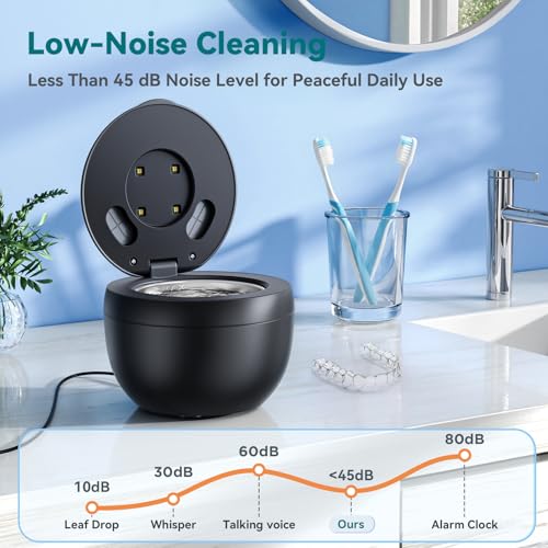 Dental Ultrasonic Retainer Cleaner Machine: 45kHz Dental Cleaning Pod for Denture, Mouth Guard, Night Guard, Aligner, Braces, Toothbrush Head & Jewelry, UV Cleaner with Digital Timer & 4 Modes, Black