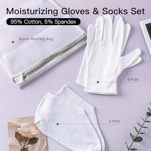 12 Pairs Cotton Moisturizing Gloves and Socks Set (1 Washing Bag Included), Dry Hands Feet Overnight Lotion SPA Treatment, Eczema Skin Friendly, Breathable and Soft Glove Liners for Summer