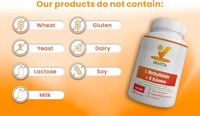 INVITA L-Methylfolate + B Balance (15mg) - 5-MTHF, B6, B2 & B12 Methylcobalamin B Complex - 60 Capsules - Professional Strength Active Methyl Folate - Non GMO, Gluten Free, No Fillers