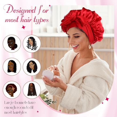 JaGely 4 Pcs Satin Bonnet for Sleeping Women Double Layer Tie Hair Bonnet Large 2 Layered Silk Sleeping Cap with 8 Pcs Hair Scrunchies(Pink Color)