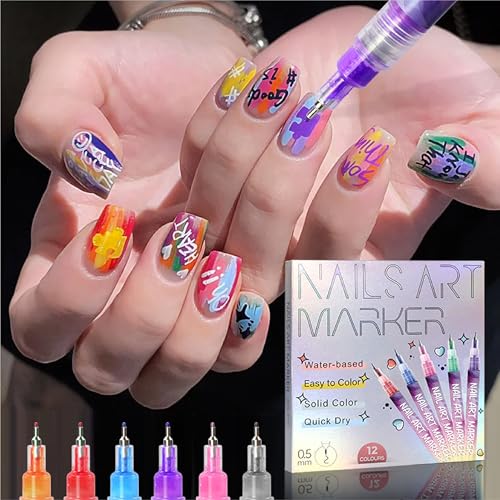 12 Colors Nail Art Pens Set 3D Nail Polish Pens Graffiti Dotting Pen Acrylic Paint Pens Point Liner Pen Drawing Painting for Nails Art Design Manicure Nail DIY Decoration