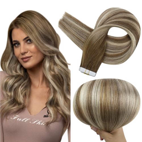 Full Shine Ombre Tape in Hair Extensions Human Hair 12Inch Seamless Tape in Extensions 6/60/6 Brown Ombre to Blonde Highlighted Light Blonde Double Sided Hair Extensions Remy Hair 30G 20pcs Natural