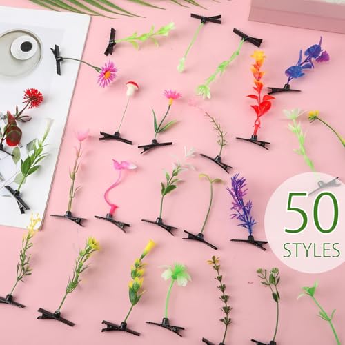 50 Pcs Bean Sprout Hair Clips, Kurilai Funny Plant Hair Clip Mixed Style Hairpins Flower Hair Clip, Cute Little Grass Barrette Mushroom Butterfly Headwear Hair Accessories for Home Party Rave Festival