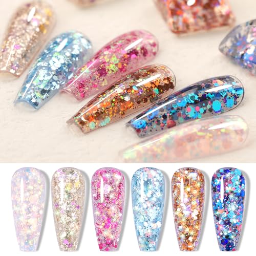 Born Pretty Glitter Sequins Gel Nail Polish, Sparkle Shiny Gel Polish, Pink Blue Gold Platinum Holiday Gift Gel Polish Design, Nail Art Starter Manicure Salon DIY at Home 7ML 6PCS