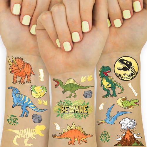 xo, Fetti Dinosaur Temporary Tattoos - Gold Foil, 44 pcs | Kids Jurassic Birthday Party Supplies, Dino Party Favor, T-Rex Fossil Decorations
