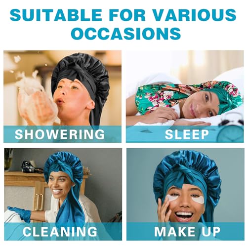 3Pcs Bonnets for Black Women Braid Bonnet, Large Long Satin Bonnet for Braids Sleeping, Black Women Satin Silk Bonnet (3Pcs-Black&Blue&Flower)