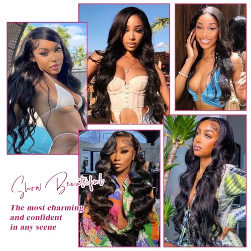 30 Inch Body Wave 13x6 HD Lace Front Wigs Human Hair 200 Density 12A 100% Virgin Frontal Wigs Human Hair 13x6 Body Wave Glueless Wig for Women Pre Plucked Bleached Knots with Baby Hair Natural Black