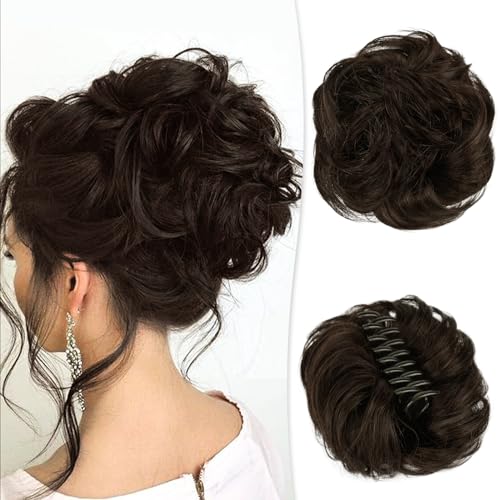 RUWISS Claw Clip Messy Bun Hair Piece Real Human Hair Buns Wavy Curly Chignon Hair Bun Extensions Hair Buns Claw Clip Tousled Updo Ponytail Hairpieces for Women(Dark brown)