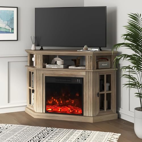 YESHOMY Corner Fireplace TV Stand for Television up to 55" with Storage Cabinets, Entertainment Center, Media Console for Living Room, Bedroom, Rustic Gray