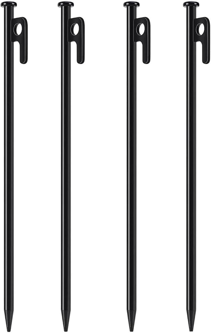 4 Pack Tent Stakes Heavy Duty Camping Stakes Steel Tent Pegs for Outdoor, Backpacking, Trip Hiking, Gardening, Unbreakable and Inflexible (Black, 12 inch Stakes)