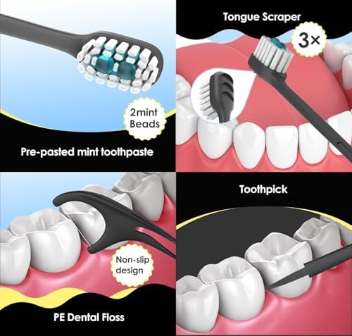5 in 1 Disposable Toothbrushes with Toothpaste, Pre-Pasted Mint Toothpaste, 2 Mouthwash Beads, Floss, Pick, Tongue Scraper | Individually Wrapped Mini Toothbrush for On-The-Go Oral Care(24 Count)