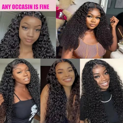 200 density 13x6 Water Wave Lace Front Wigs Human Hair Pre Plucked Glueless Wigs Human Hair Water Deep Cury HD Transparent 13x6 Full Lace Frontal Wigs Brazilian Virgin Hair Wigs Natural Black 28inch