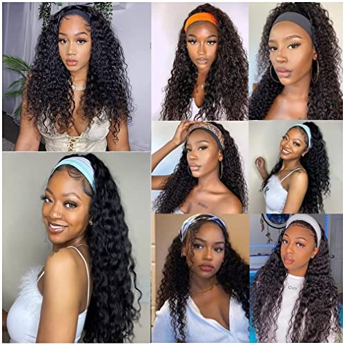 Headband Wig Human Hair Deep Wave 16 Inch Curly Headband Wigs for Black Women Human Hair Glueless None Lace Front Wig Brazilian Virgin Hair Wear and Go Wigs 150% Density Natural Black Color