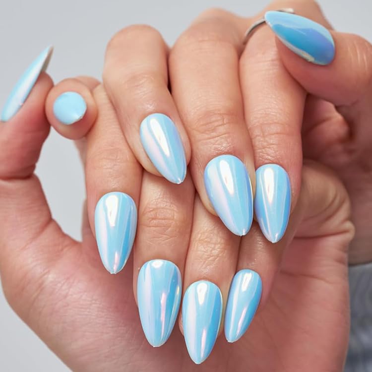 GLAMERMAID Press on Nails Medium Almond Metal Blue, Chrome Pearl Mermaid Handmade Jelly Soft Gel Fake Nails Stiletto, Glossy Glue on Nails Short Oval, Reusable Acrylic Stick on False Nails for Women
