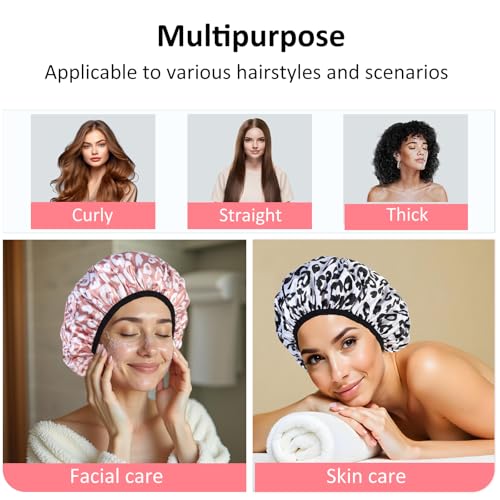 2-Pack Reusable Waterproof Shower Caps for Women, Double-Layer Elastic Bath hat,Extra Large Hair Cap for Long Curly Hair(White, Pink)