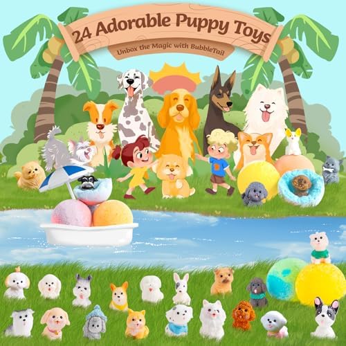 24 Pack Puppy Bath Bombs for Kids – Each with Surprise Puppy Figurine Inside, 12 Unique Scents, Bath Bombs with Toys, Gentle on Skin, Birthday Party Favors & Summer Gifts for Boys and Girls