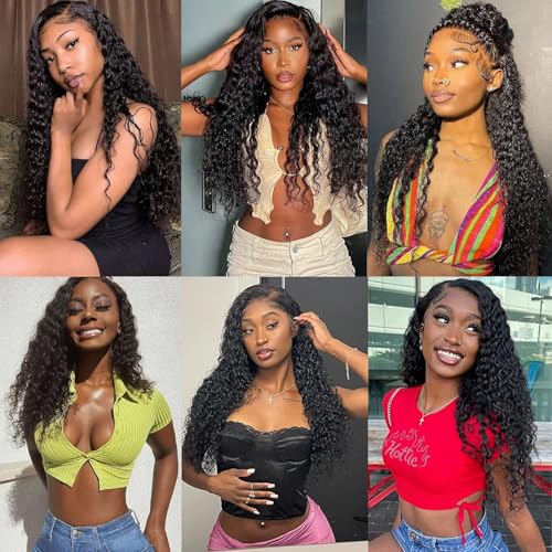 Human Hair Bundles Deep Wave 14 16 18 Inch Curly Bundle Human Hair 100% Unprocessed Brazilian Virgin Hair 3 Bundles for Women Wet and Wavy Hair Bundle Weave Extensions Natural Black