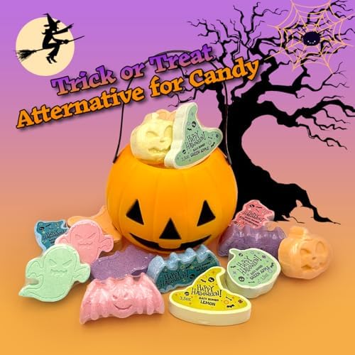 15 Count Halloween Bath Bombs with Pumpkin Bucket, Halloween Spooky Bath Bombs for Kids, Adorable Hallowen Trick o Treat Party Favors for Kids