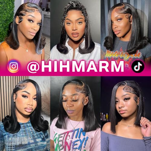 Hihmarm Bob Wig Human Hair 13x4 HD Lace Front Wig Glueless Wigs Human Hair Pre Plucked Short Bob Lace Front Wigs Human Hair For Black Women Nature Hairline 180% Density 14 Inch