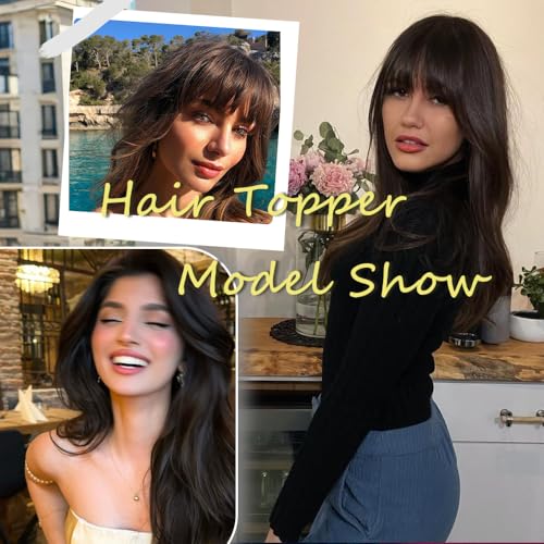 Hair Toppers for Women Real Human Hair, 360°3D Cover Topper for Women with Thinning Crown Wispy Clip in Bangs Realistic Scalp Line Hair Pieces (Medium Brown, Wispy Bangs)