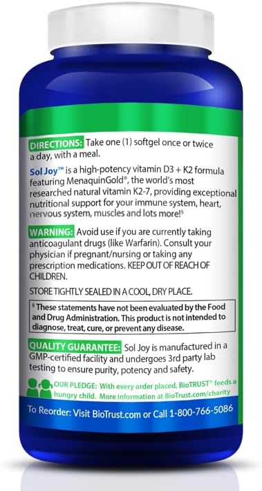 BioTrust Sol Joy, High-Potency Vitamin D3 K2 – High Potency (50 mcg)