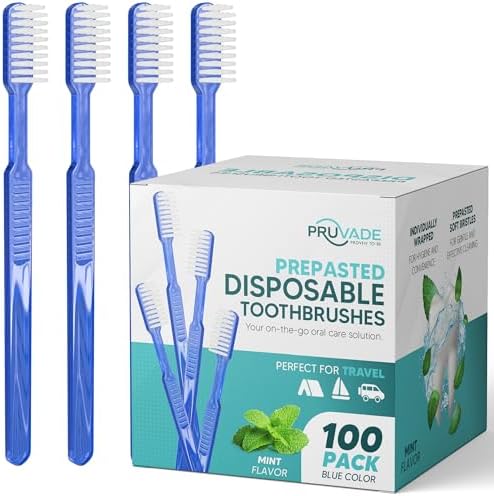 100 Pack Disposable Toothbrushes with Toothpaste Built In | Mint Prepasted Toothbrushes Individually Wrapped - Blue Single Use Waterless Toothbrush with Soft Bristles for Work, Camping, Travel