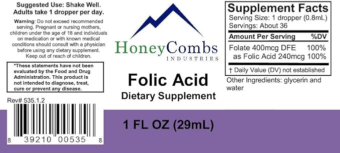 HoneyCombs Vitamin B9 (Folic Acid) Drops – Vitamin B Liquid Folate Drops to Support Health – Liquid Vitamins for Pregnancy – Alcohol-Free, Gluten Free Folic Acid Supplement, 1 Fl Oz.