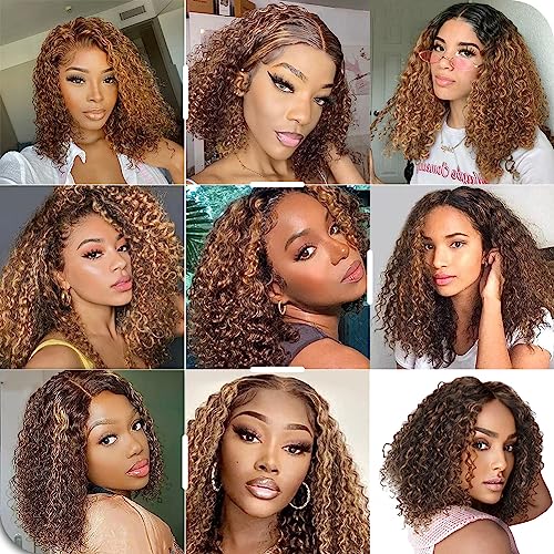 14 Inch Highlight Blonde Wear and Go Glueless Curly Bob Wig Human Hair Pre Plucked, Glueless Pre cut HD Lace Front Wigs Human Hair,Water Wave No Glue wigs, Natural Hairline for Women 200% Density