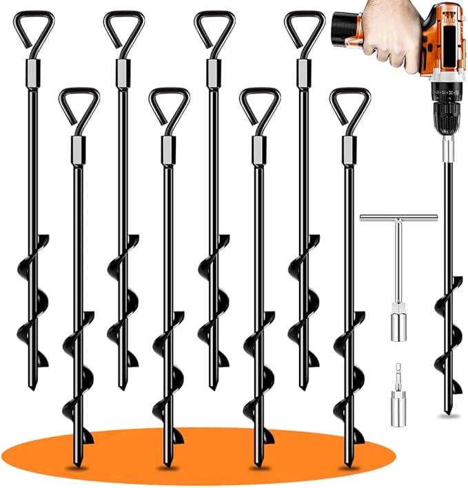 Ground Anchors Screw in Tent Stakes Heavy Duty Trampoline Stakes High Winds, Ground Anchors for Camping Tent, Canopies, Carports, Sheds, Swing Sets, Canopy Stakes Kit, Mobile Home Anchors 8 Pack