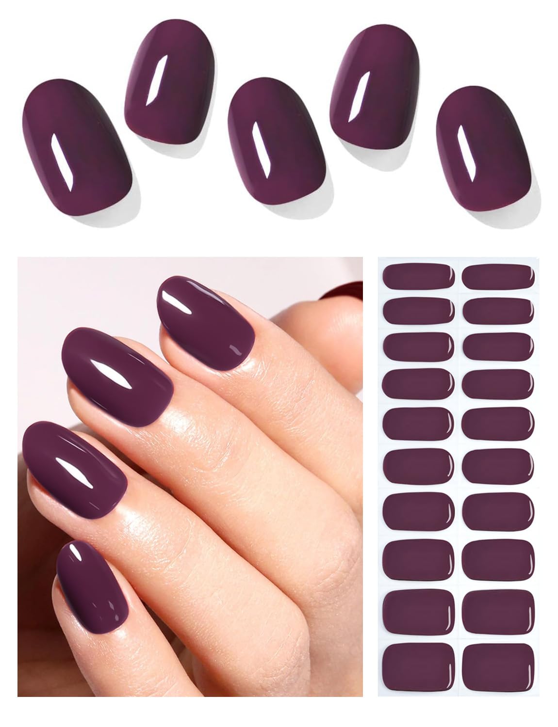 Wahrshei Semi Cured Gel Nail Strips, 20pcs Purple Plum Gel Nail Stickers Work with UV, Easy to Use and Remove