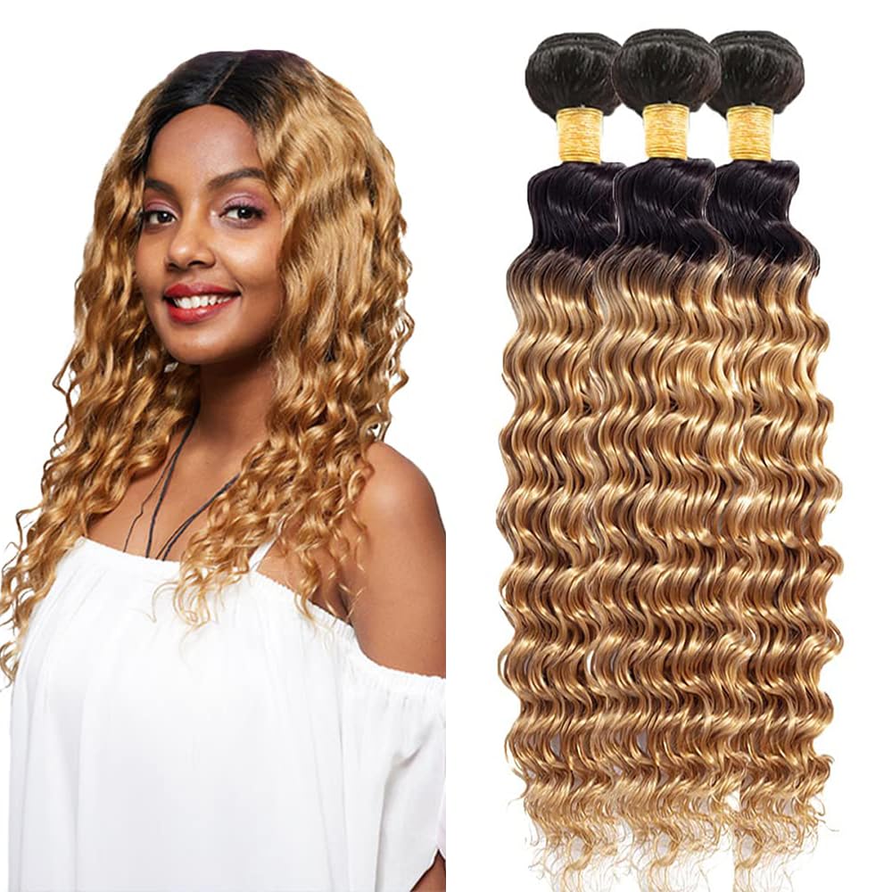 14 16 18 inch Honey Blonde Deep Wave Human Hair Bundles 1b27 Ombre Blonde Bundles Soft Virgin Wet And Wavy Bundles 100g/Pcs 8A Grade Brazilian Honey Blonde Bundles