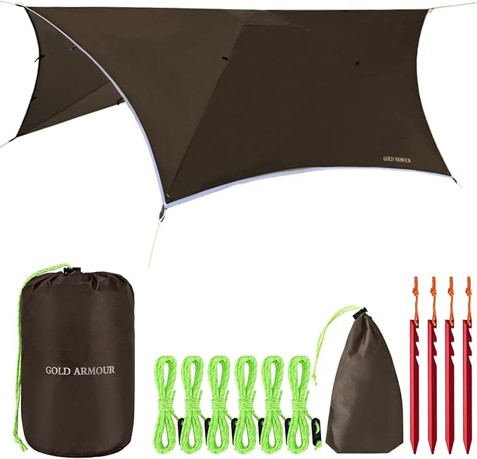 Gold Armour Rainfly Tarp for Hammock and for Tent, Camping Essentials Rain Fly Cover, Waterproof Lightweight Camping Accessories, Survival Camping Gear Camping Tent Accessories (Brown)