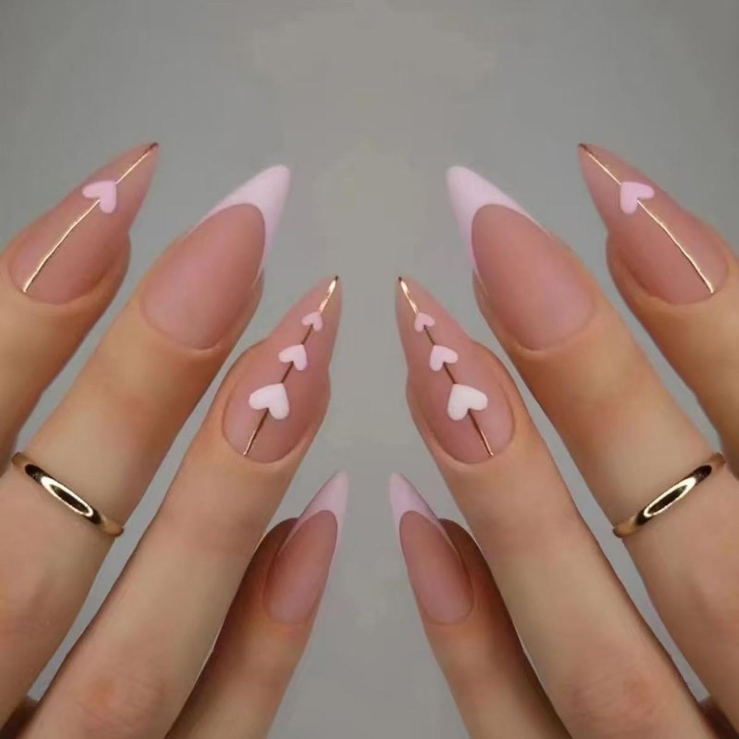 Pink French Tip Press on Nails Heart Fake Nails with Gold Line Design Love Glue on Nails Glossy Acrylic Full Cover Nude Pink Stick on Nails Medium Stiletto False Nails for Women Manicure