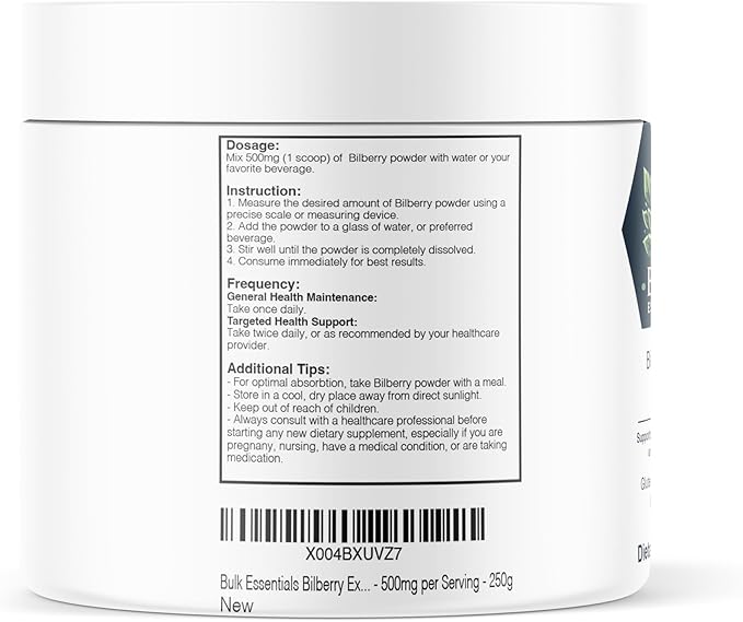 Bilberry Supplement Powder – Unflavored 250g Bilberry Extract Leaf for Healthy Sugar Level & Urinary Tract Health – USA Made, Free from GMO & Gluten – 500mg Per Serving