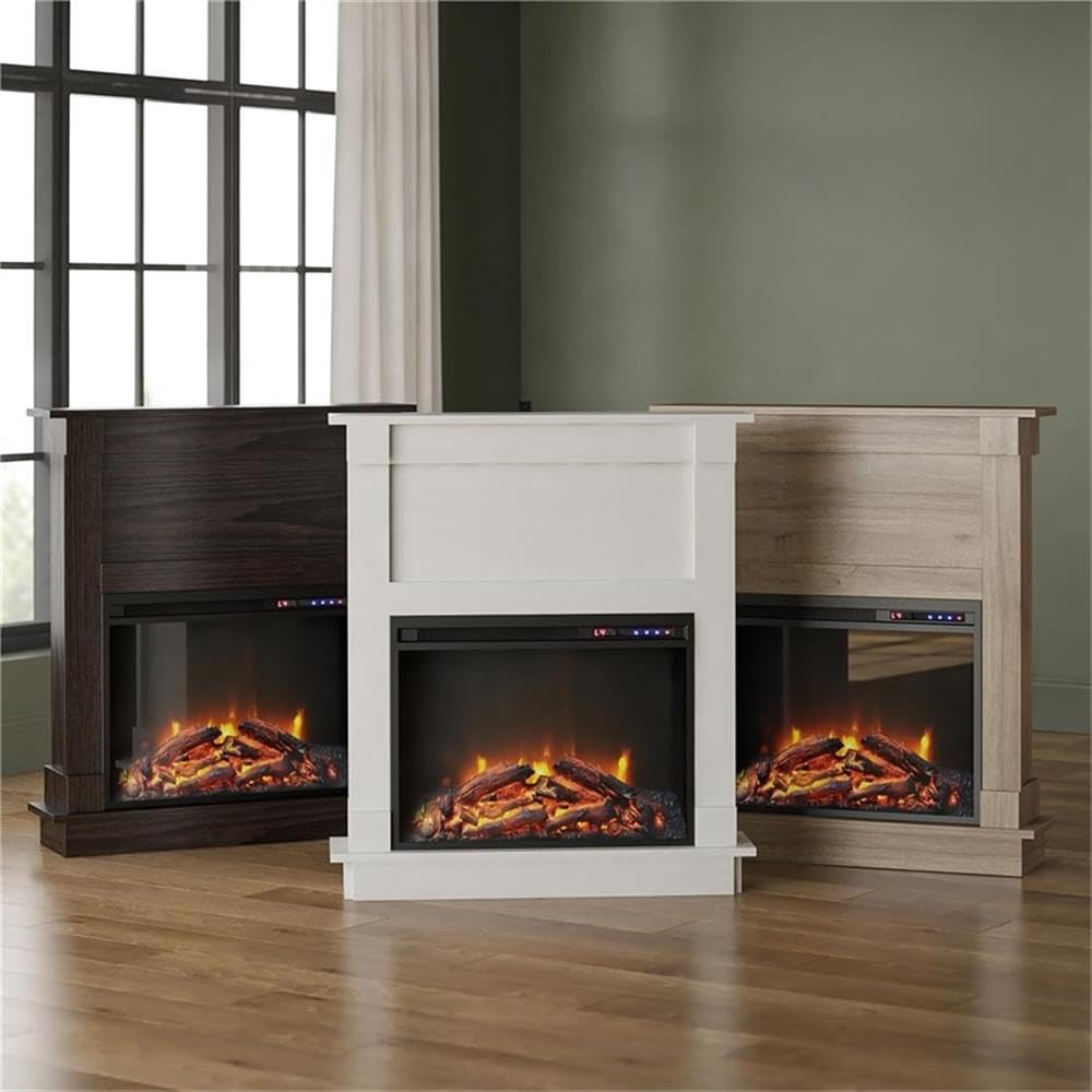 Ameriwood Home Ellsworth Fireplace with Mantel, White - Cozy Electric Heater for Home & Kitchen, 400 sq. ft. Heating, Remote Control, Neutral Finish