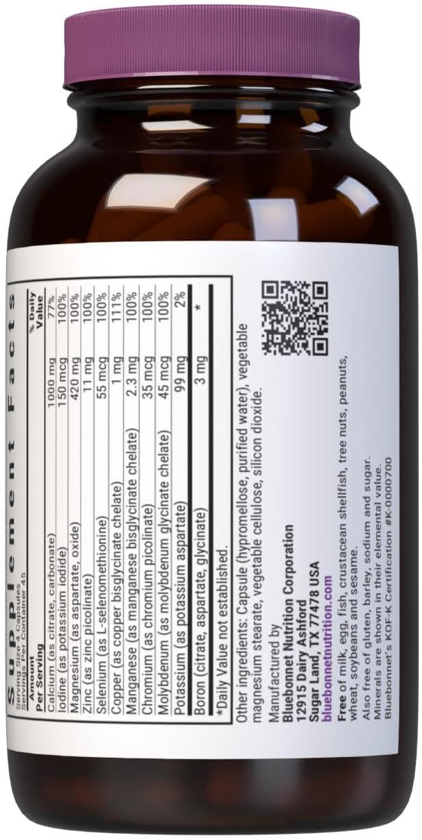 Bluebonnet Multi Minerals Supplement Plus Boron Chelated Magnesium Potassium Copper Selenium Manganese Chromium & Zinc Complex for Women & Men - No Iron, Non-GMO, Gluten-Free - 180 Vegetable Capsules