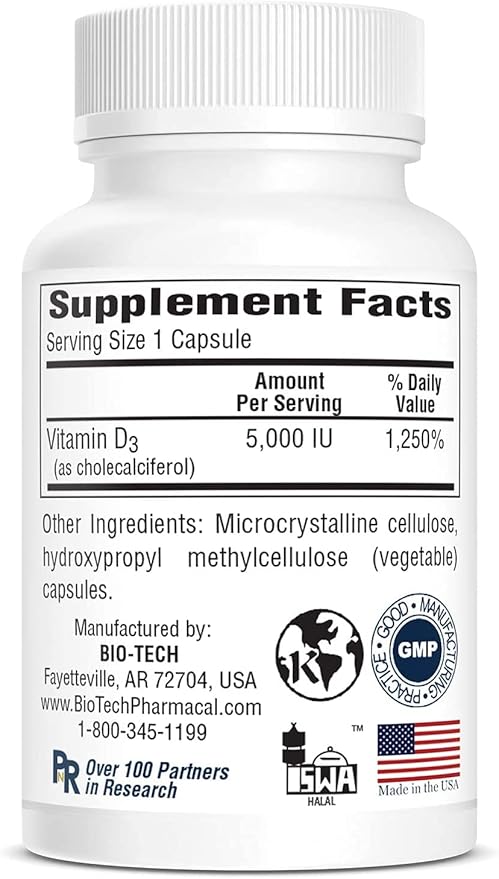 Bio-Tech Pharmacal Vitamin D3 (D3-5 5k IU, 250 Veg Count)